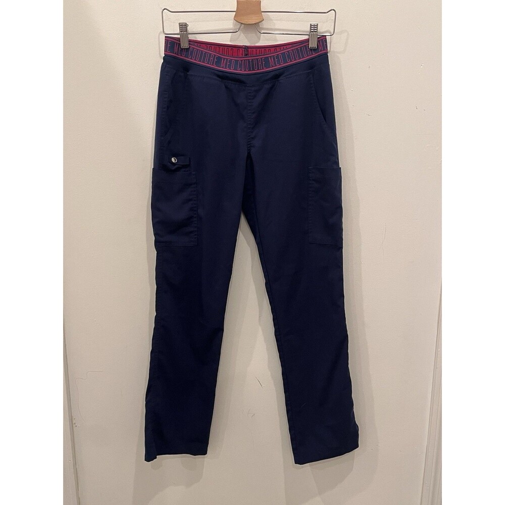 Med Couture Touch Scrubs Yoga 2 Cargo Pocket Sz S Pants Navy Pink *pink Stain*